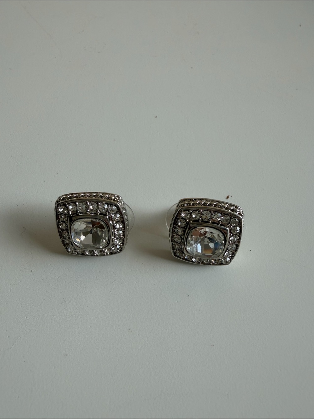 Clear Crystal Square Stud Earrings in Silver Tone